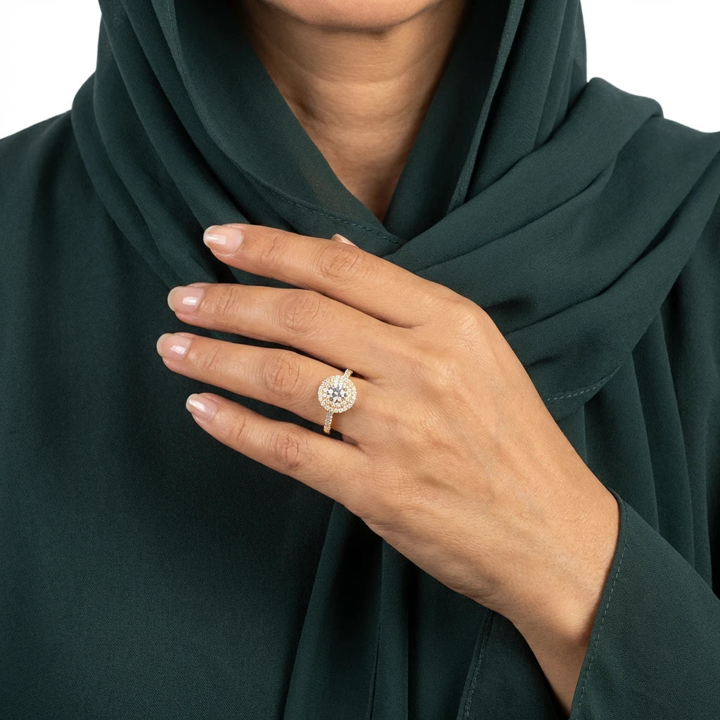 18K Gold Ring with Circular Design and Gemstones