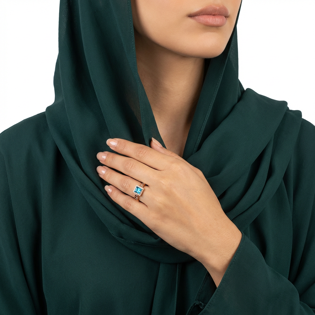 خاتم ذهب عيار 18 جنزير بحجر الحظ الأزرق
