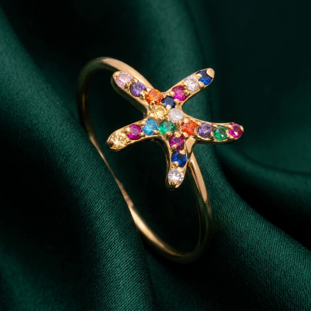 18K Gold Ring with Colorful Star Design