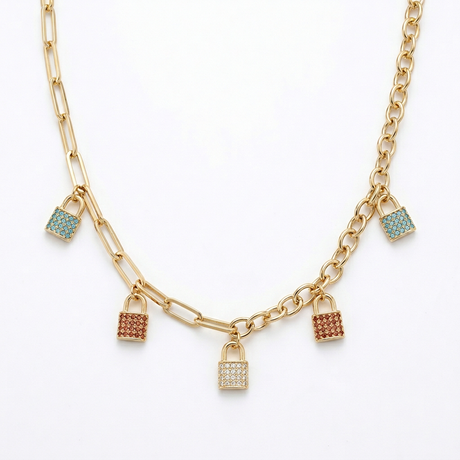 18K Gold Necklace with Dangling Locks Design