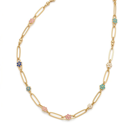 18K Gold Flowers Necklace with Colorful Floral Design
