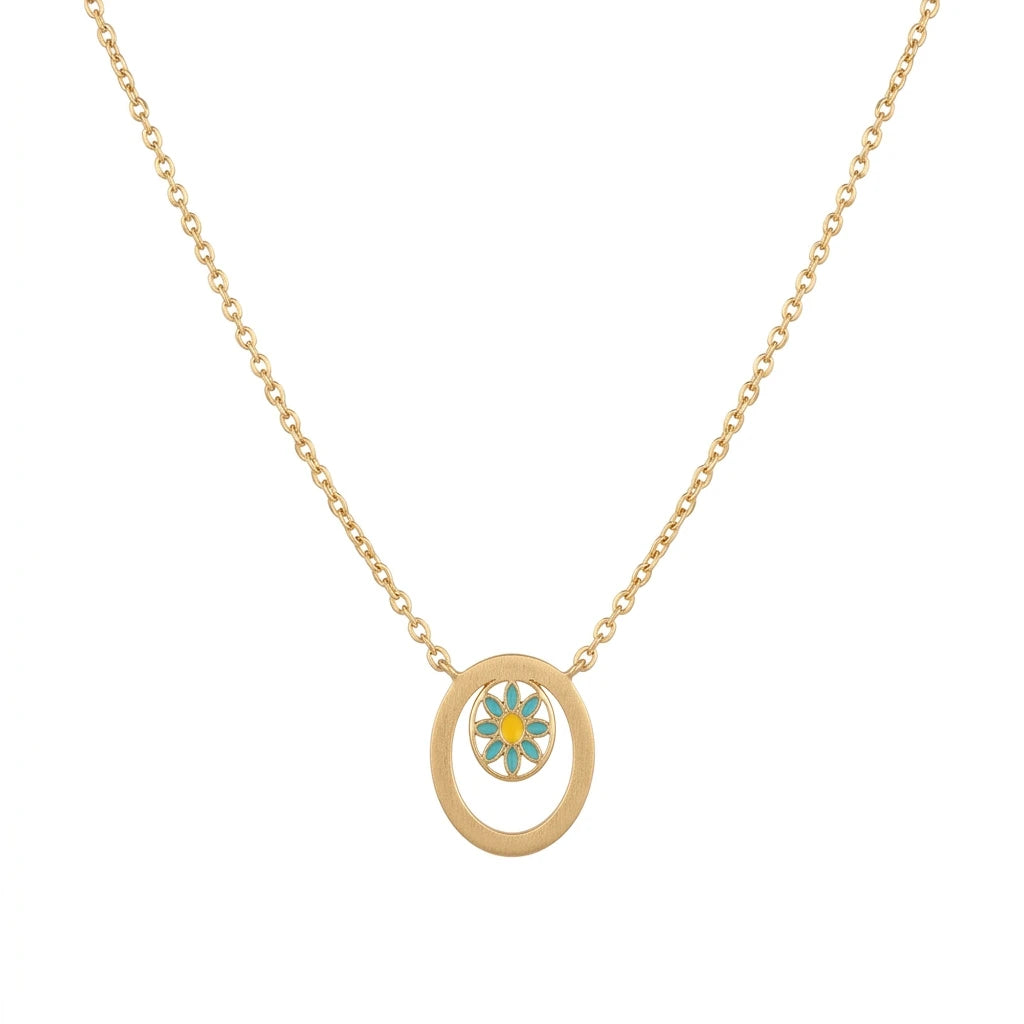 18K Gold Necklace with Floral Oval Pendant