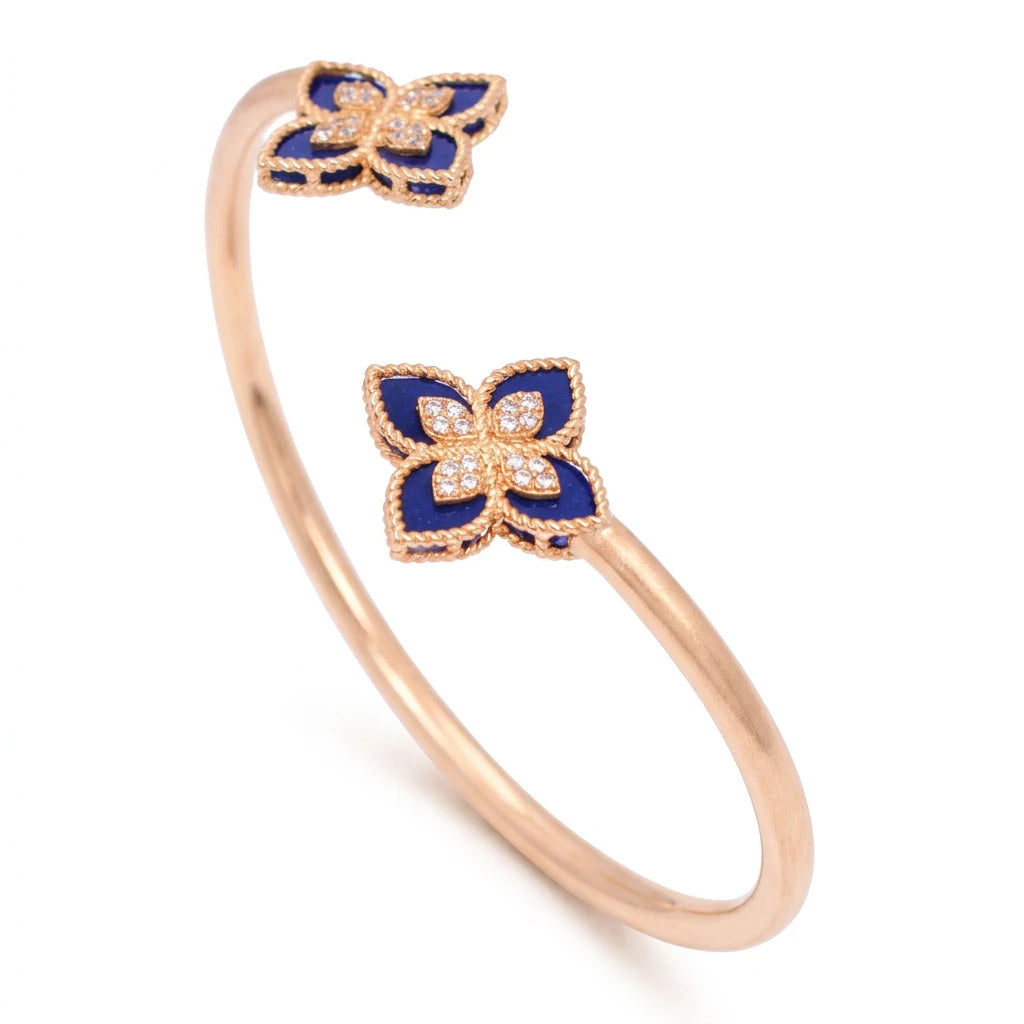 18K Gold Open Bracelet with Double blue Rose Design