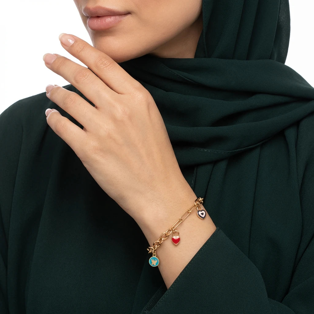18K Gold Bracelet with Multiple Dangling Pendants Design