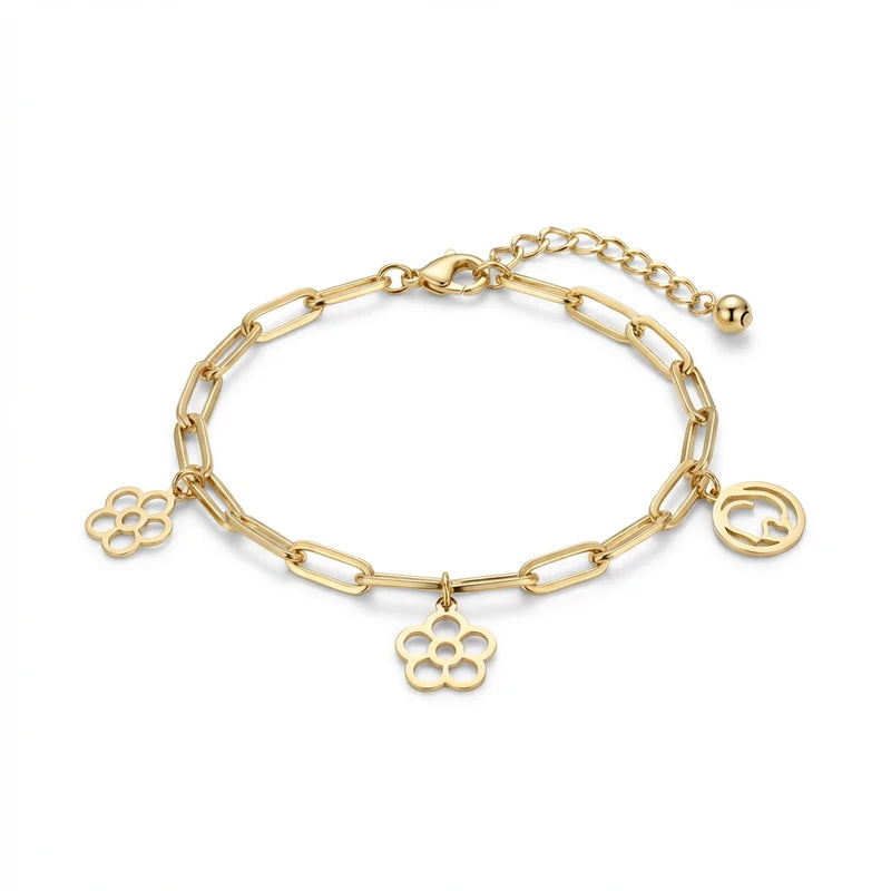 18K Gold Bracelet with Dangling Flowers Design
