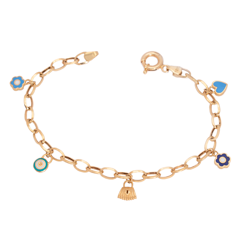 18K Gold Bracelet with Dangling Charms