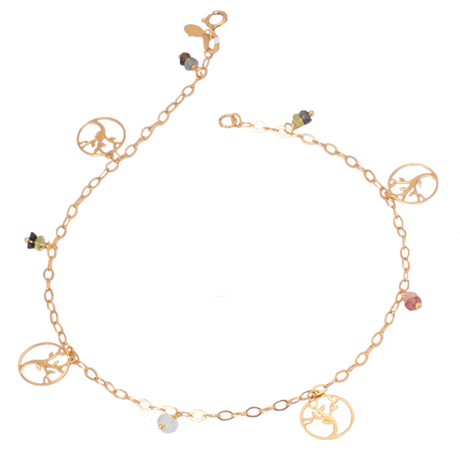 18K Gold Anklet Tree of Secrets Decorated with Colorful Stones