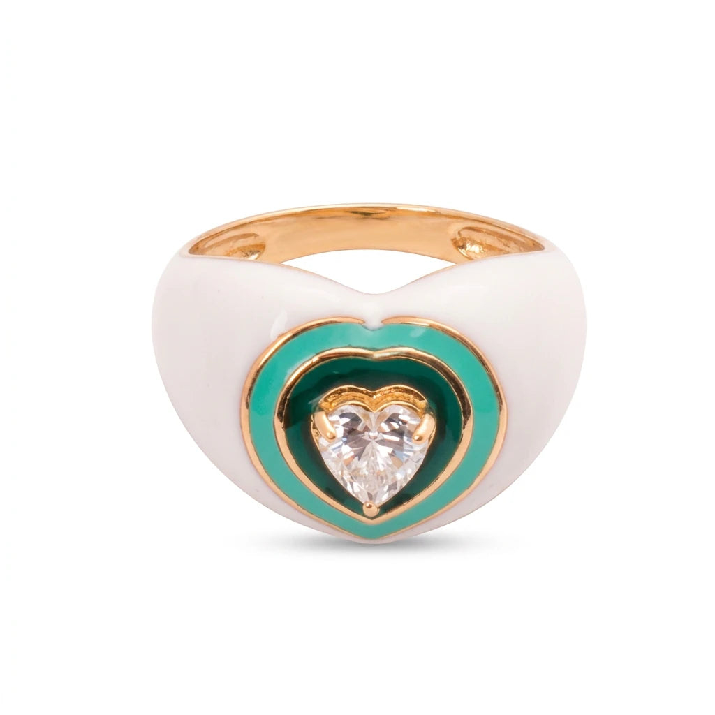18K Gold Ring with Heart Inlaid Design In Green