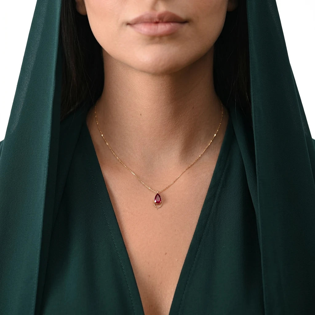18K Gold Pendant with Gemstone Raindrop Design In Pink