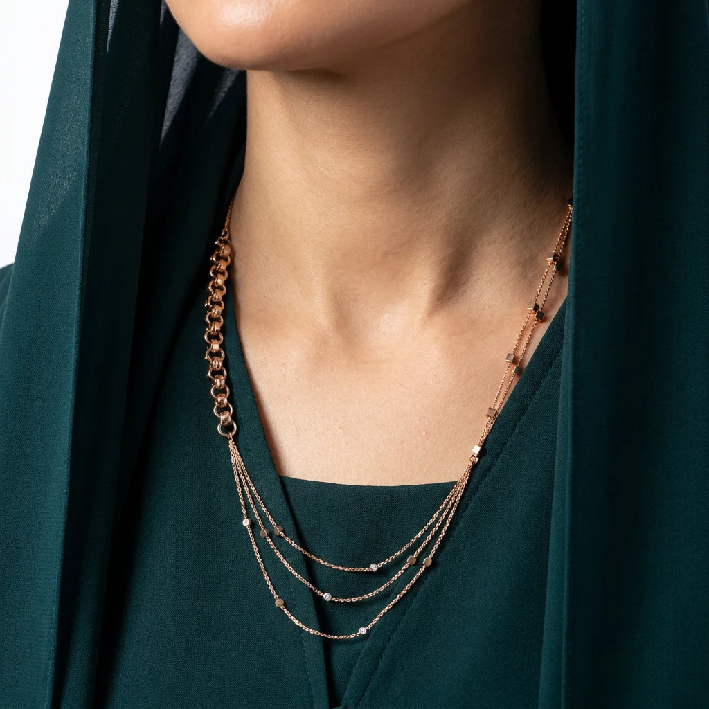 18K Gold Long Triple Layer Statement Necklace
