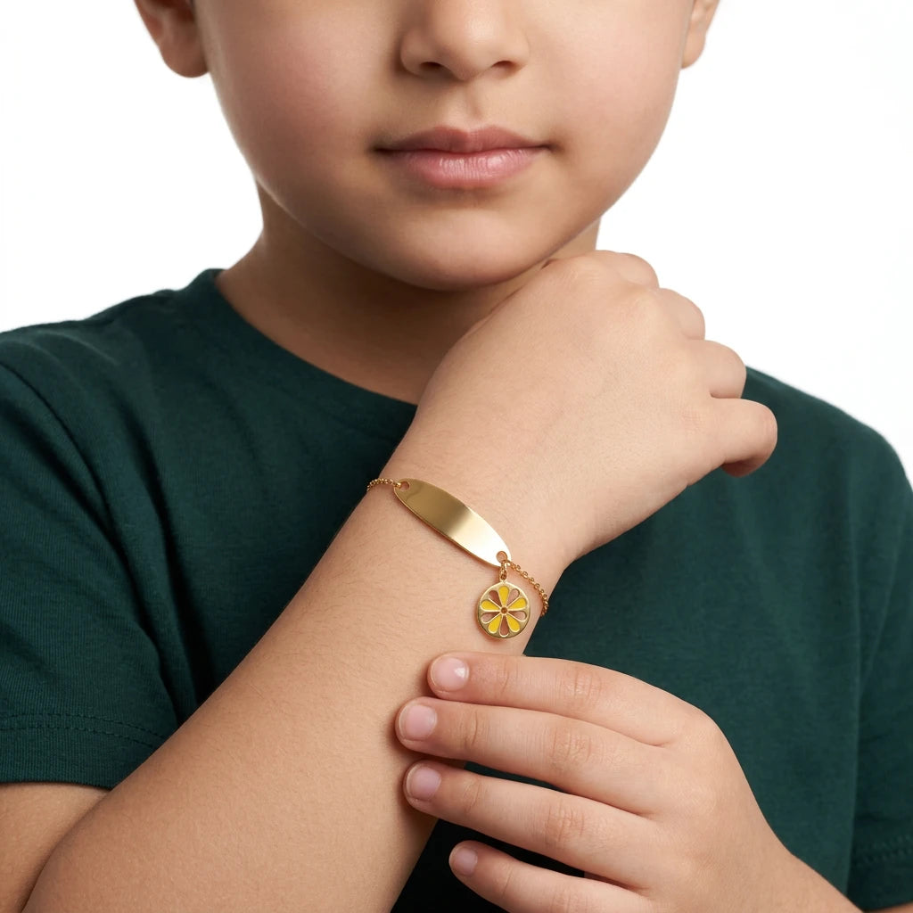 18K Gold Kids Chain Bracelet with Name Separator Flower Design