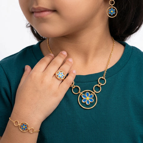 18K Gold Kid's Jewelry Set with Blue Rose Design
