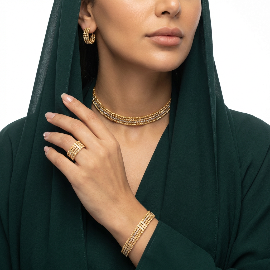 طقم كامل ذهب عيار 18 بتصميم الخرز المتراص