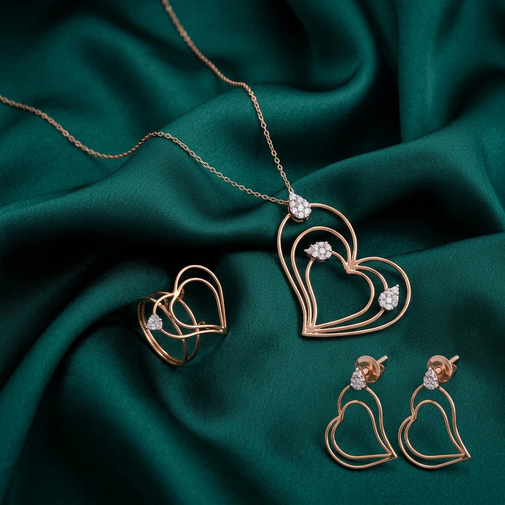 طقم من الذهب عيار 18 قيراط بتصميم على شكل قلب