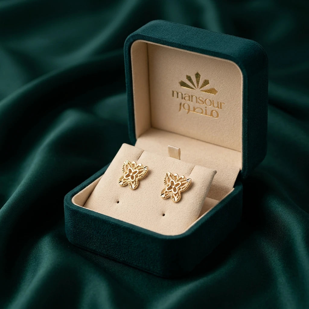 18K Gold Earrings with Ornate Butterfly Design