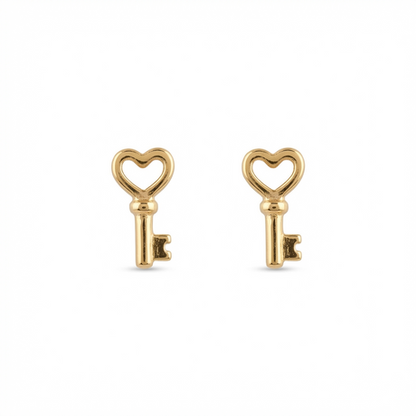 18K Gold Earrings with Heart and Key Design