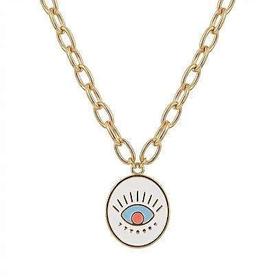 18K Gold Necklace with Rings and Colorful Pendant