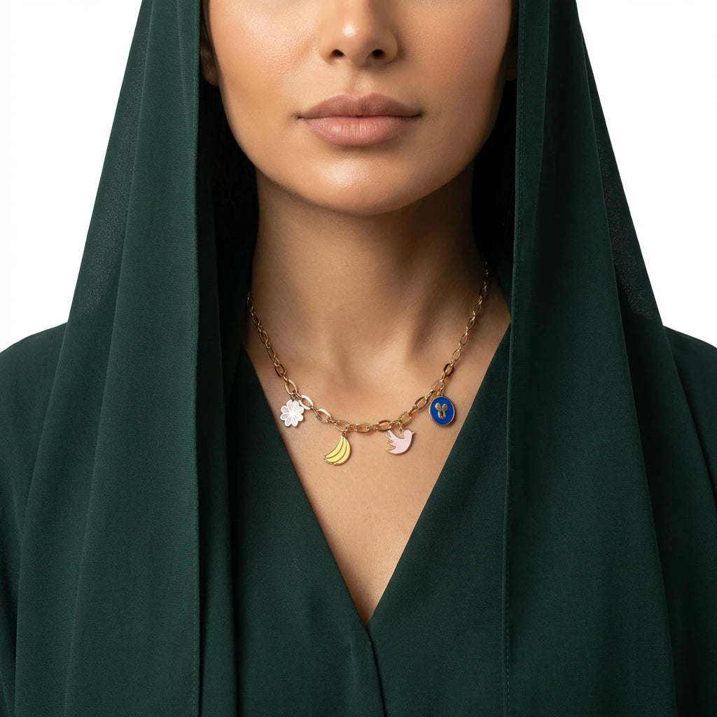 18K Gold Necklace with Delicate Painted Shapes