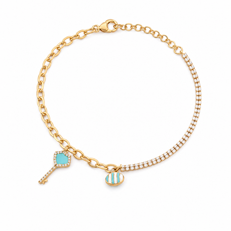 18K Chain Bracelet with Key Pendants Colored Stones Design