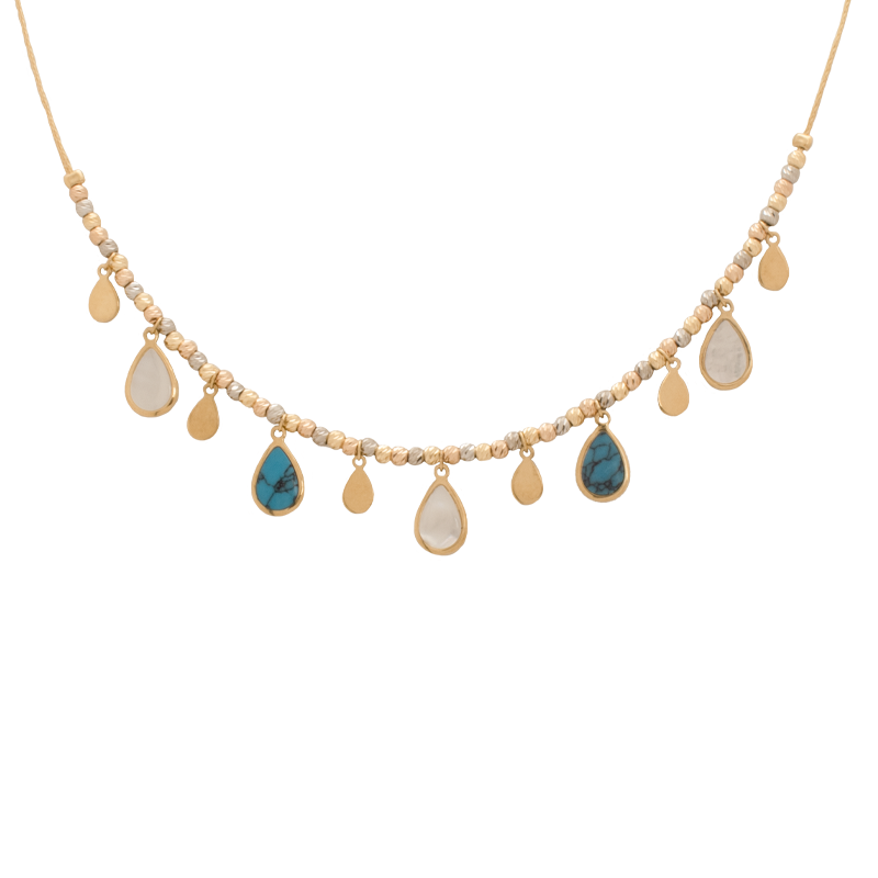 18K Gold Choker Necklace with Colorful Teardrop Charms