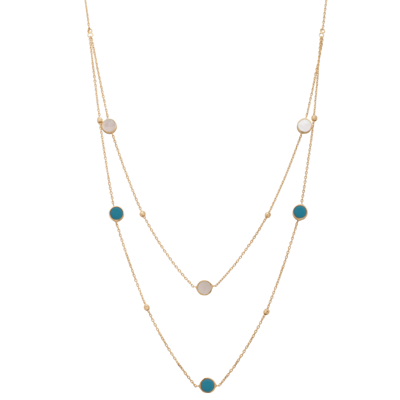 18K Gold Double Layer Necklace with Colorful Circles Design