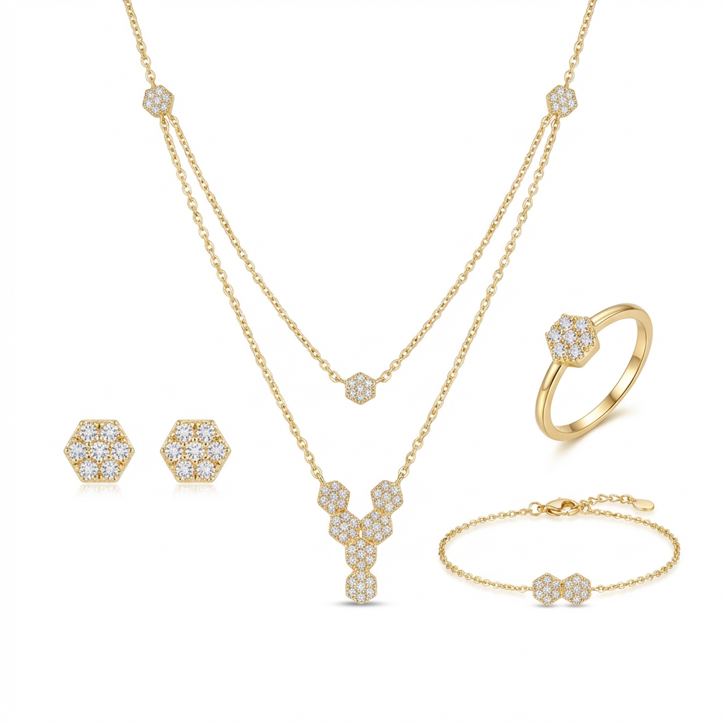 18K Gold Set with Geometric Design and Stones