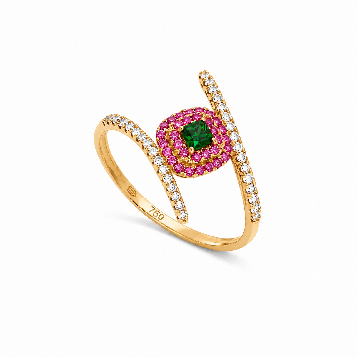 18K Gold Cross Ring with Central Colorful Gemstone