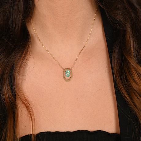 18K Gold Sugar Cube Necklace with Turquoise Geometric Design