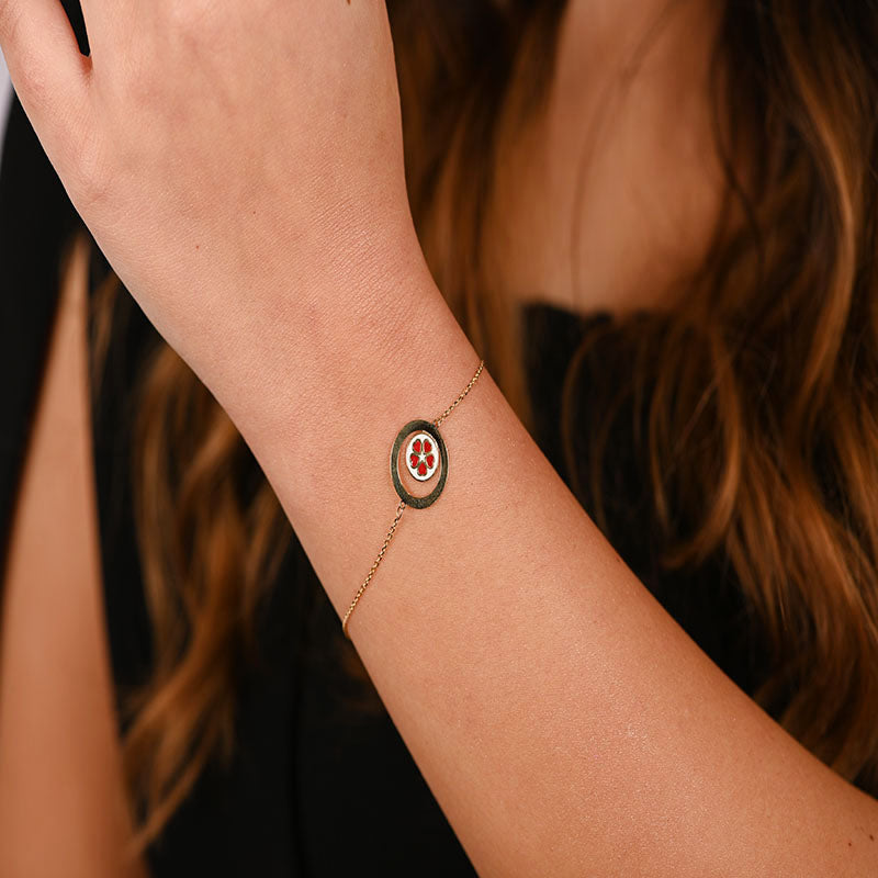 18K Gold Bracelet with Circular Charm and Red Flower