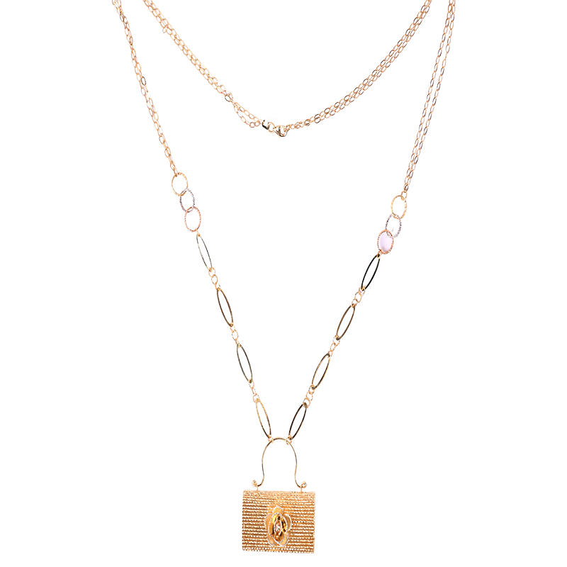 18K Gold Necklace with Bag Design Decorated with Colorful Stones