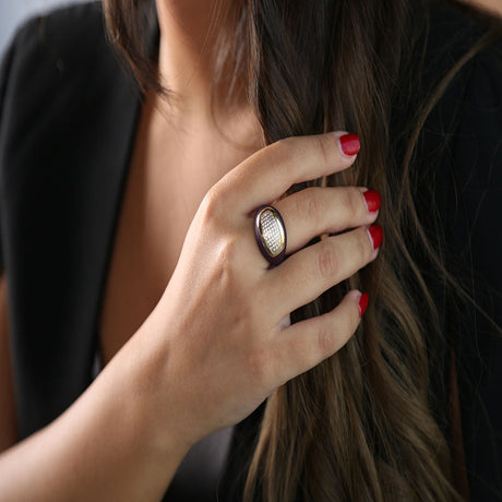 18K Gold Wide Ring with Purple Enamel and Stone Embellishments