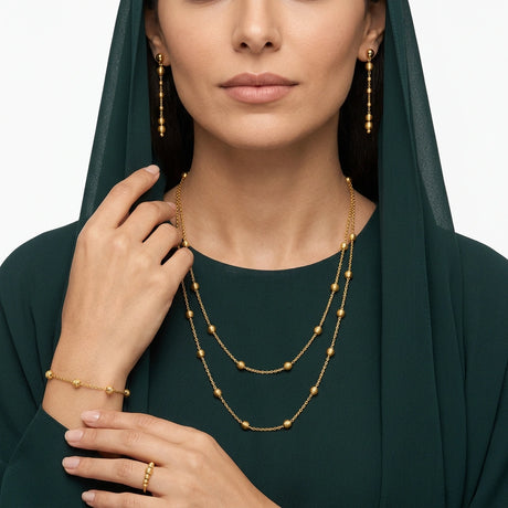 طقم ذهب عيار 21 بتصميم سلسلة طويلة بطبقتين