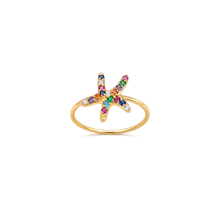 18K Gold Ring with Star Design In Colorful
