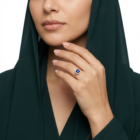 18K Gold Ring with Paved Blue Stone