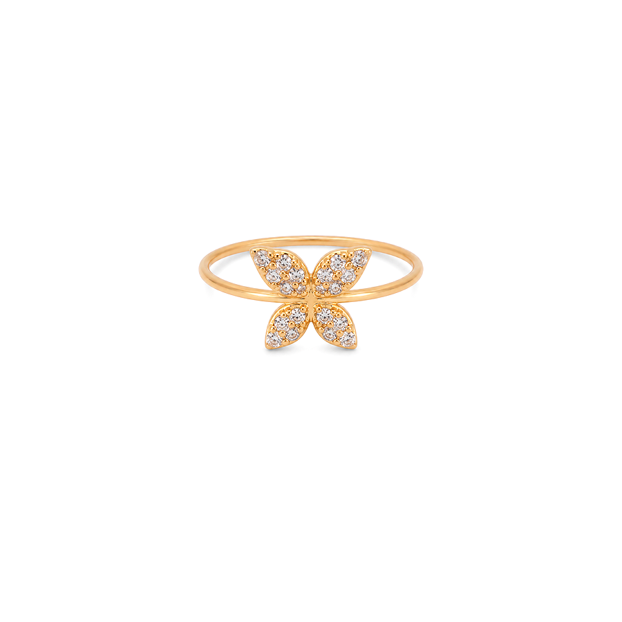 18K Gold Ring with Smiling Butterfly Shiny Stones Design