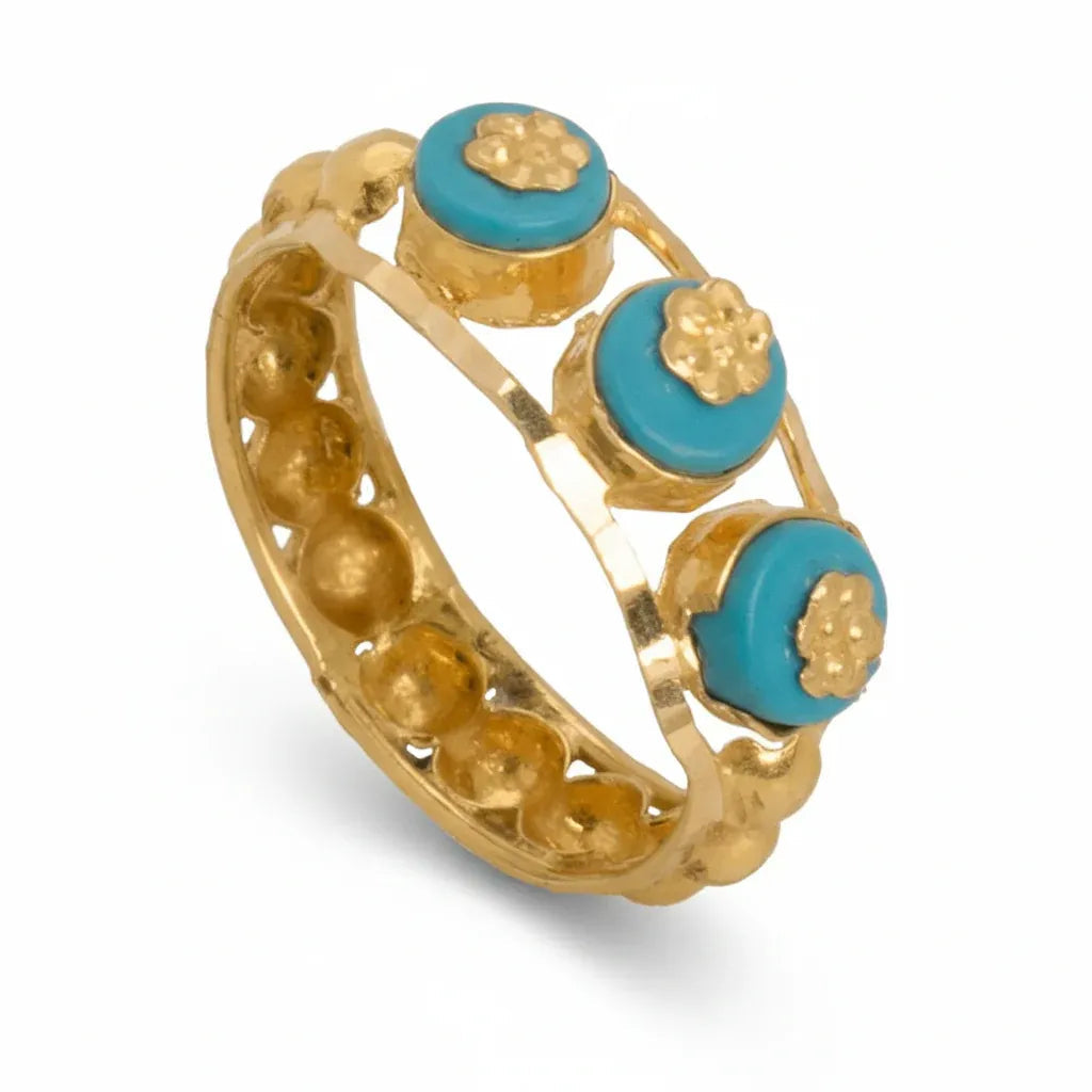 21K Gold Ring Paved with Three Turquoise Stones