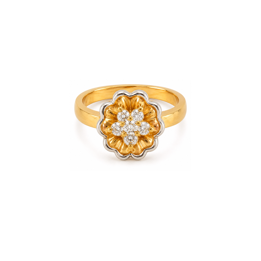 18K Gold Ring with Flower Shining Gemstones Design