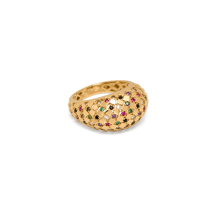 18K Gold Ring with Ornate Design In Colorful