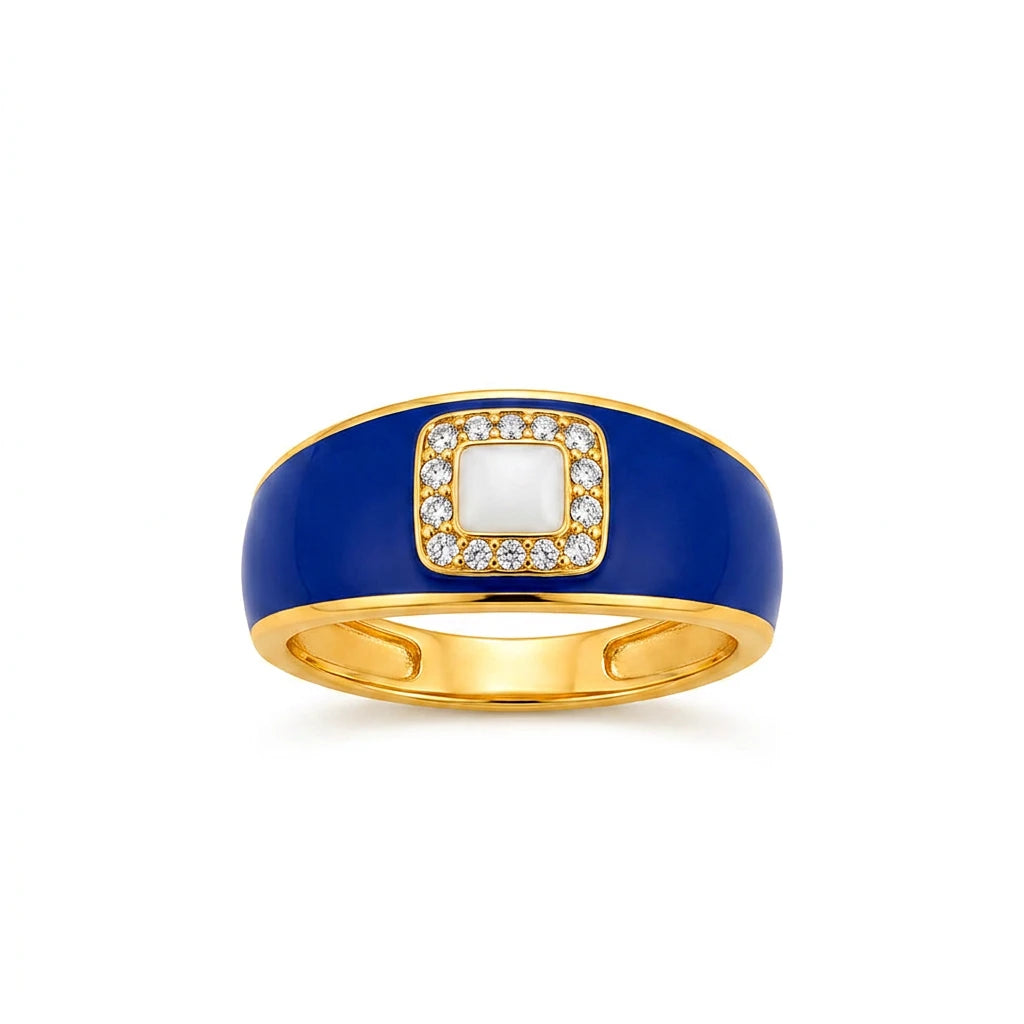 18K Gold Ring with Wide Color Square Embellished Stone Design In Blue