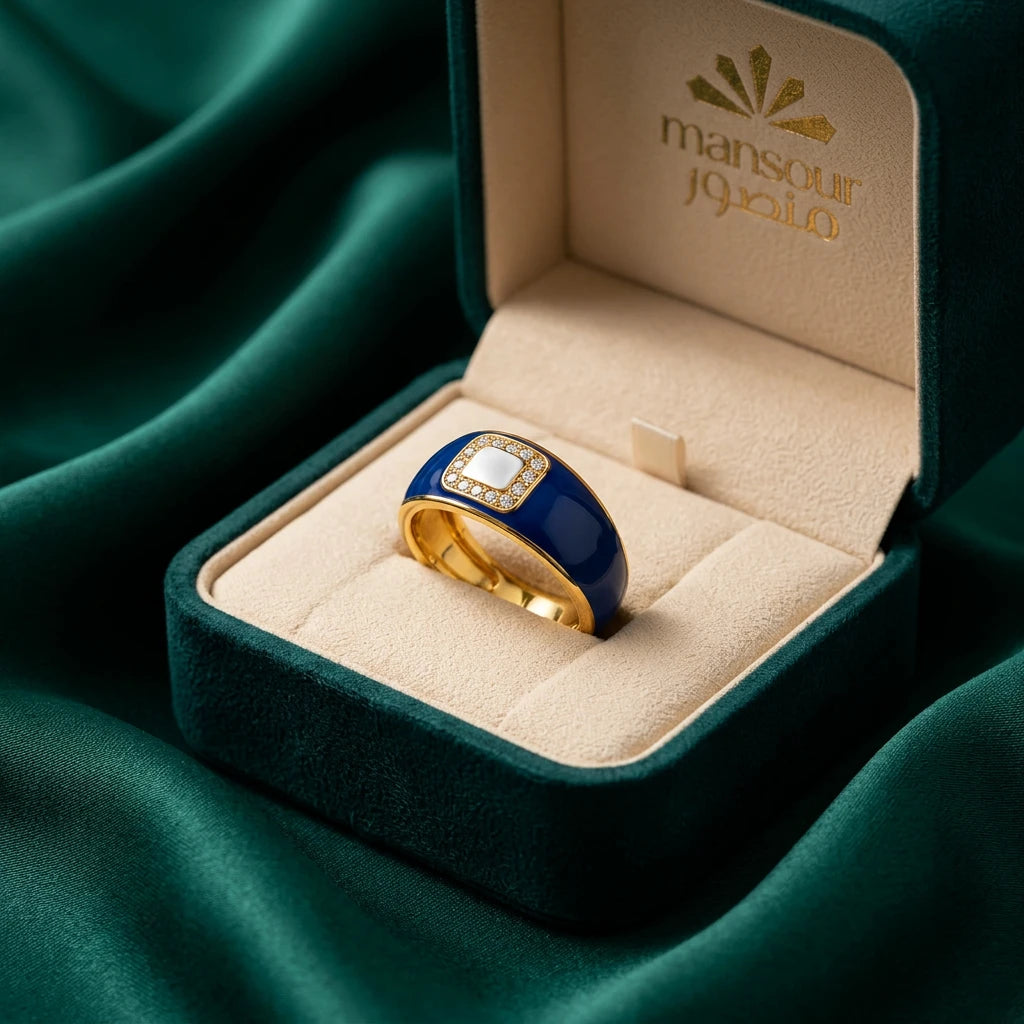 18K Gold Ring with Wide Color Square Embellished Stone Design In Blue