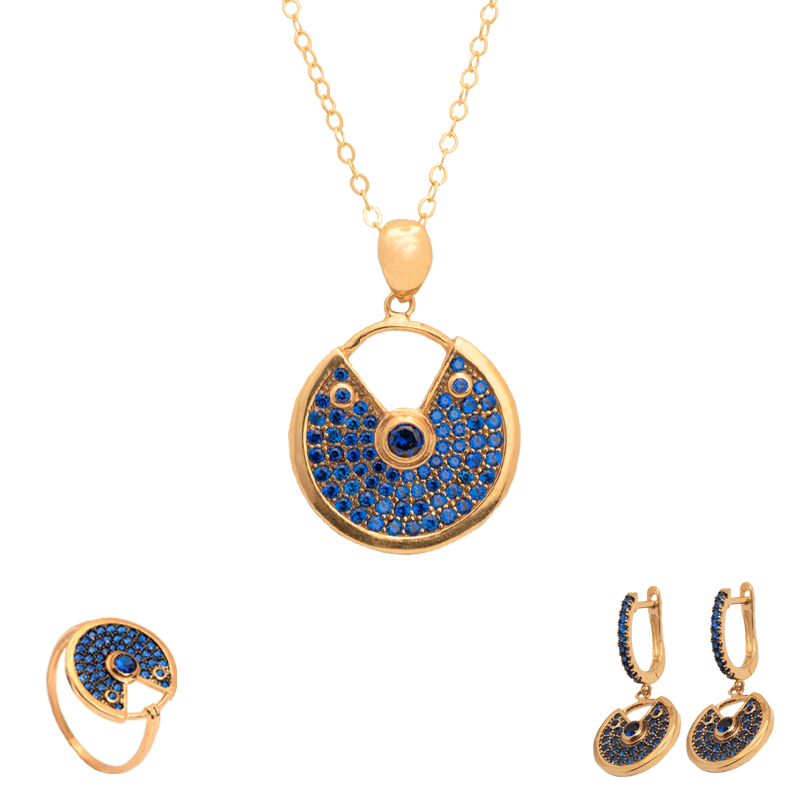 Half 18K gold set with a circular design adorned with blue stones