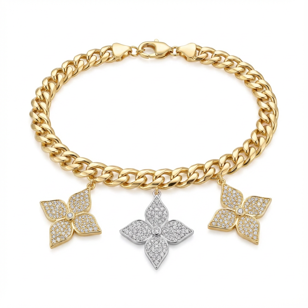 18K Gold Camellia Flower Bracelet with Paved Stones