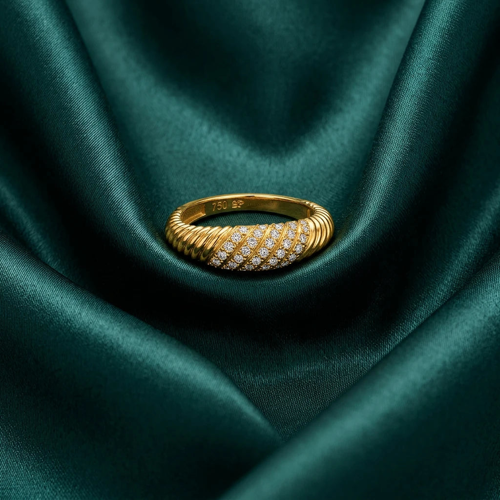 18K Gold Ring with Paved Twisted Design