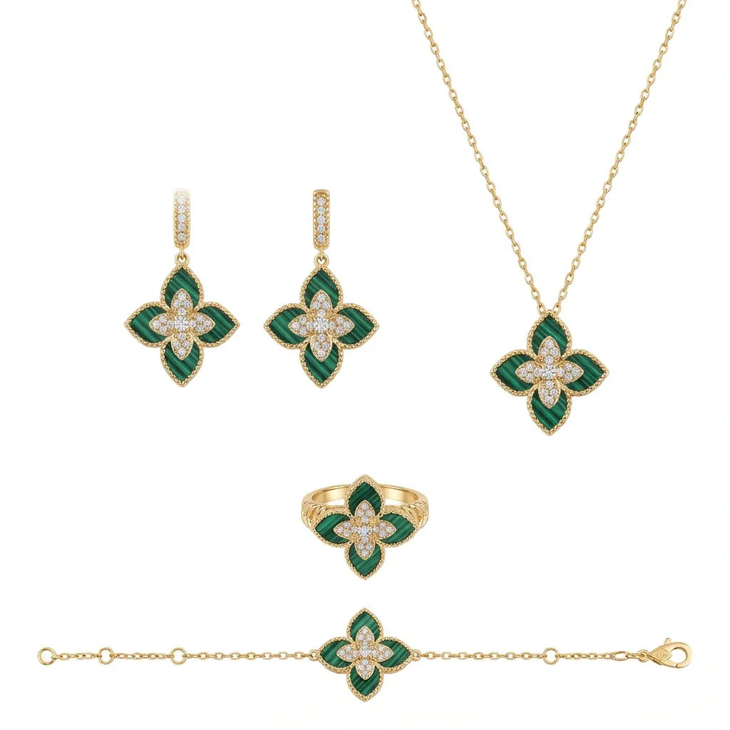 18K Gold Set with Green Leaf Design