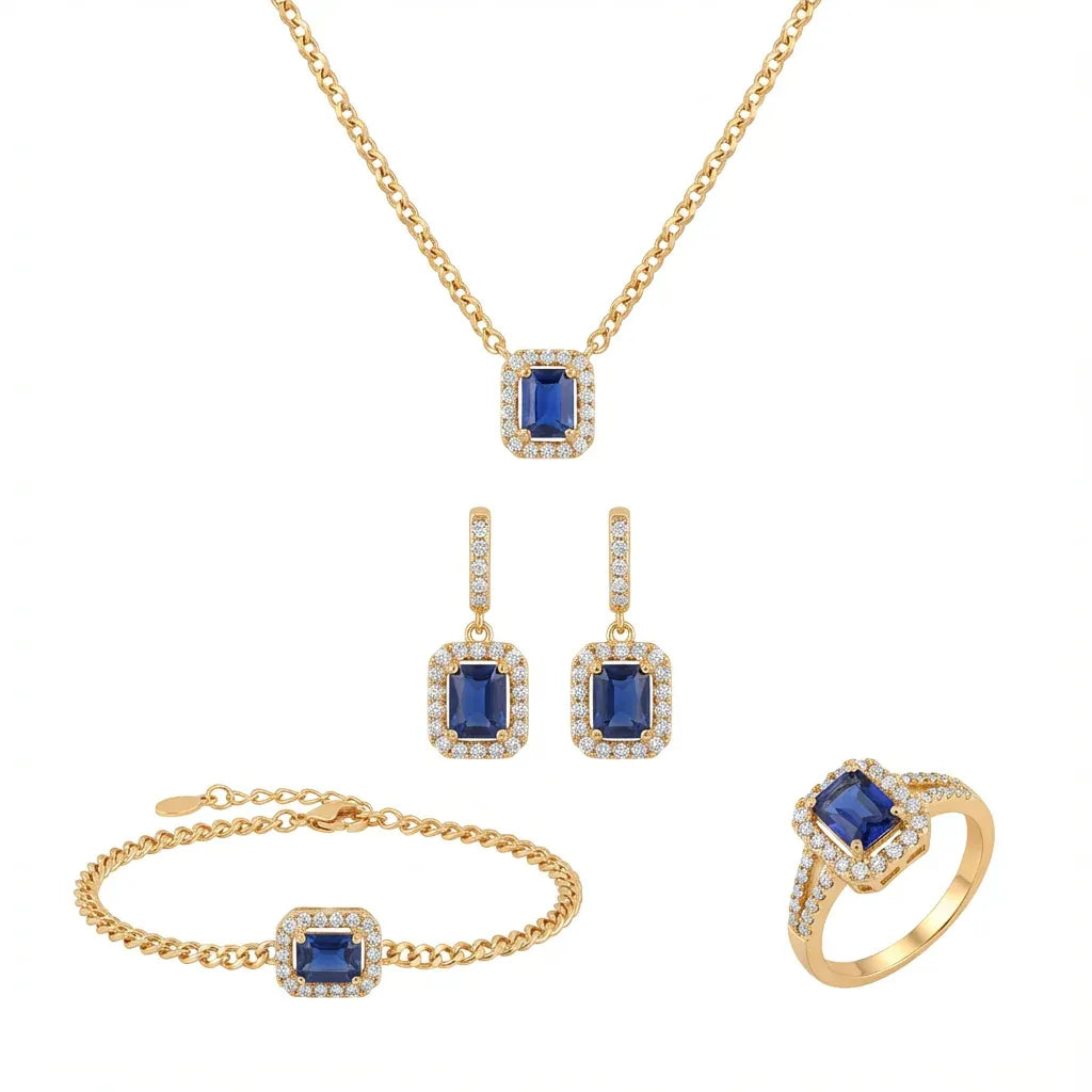 18K Gold Set with Chain, Earrings and Blue Stone