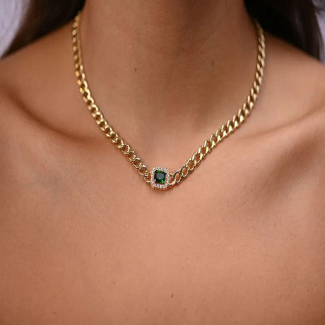 18K gold set with chain, earrings, and green stone