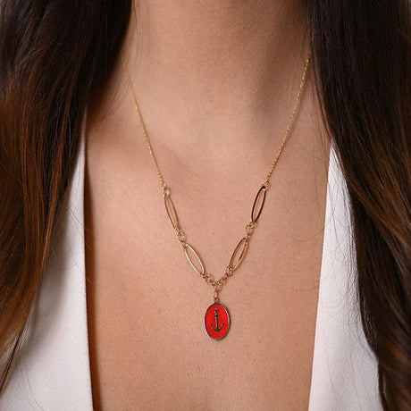 18K Gold Anchor Necklace with Modern Oval Design