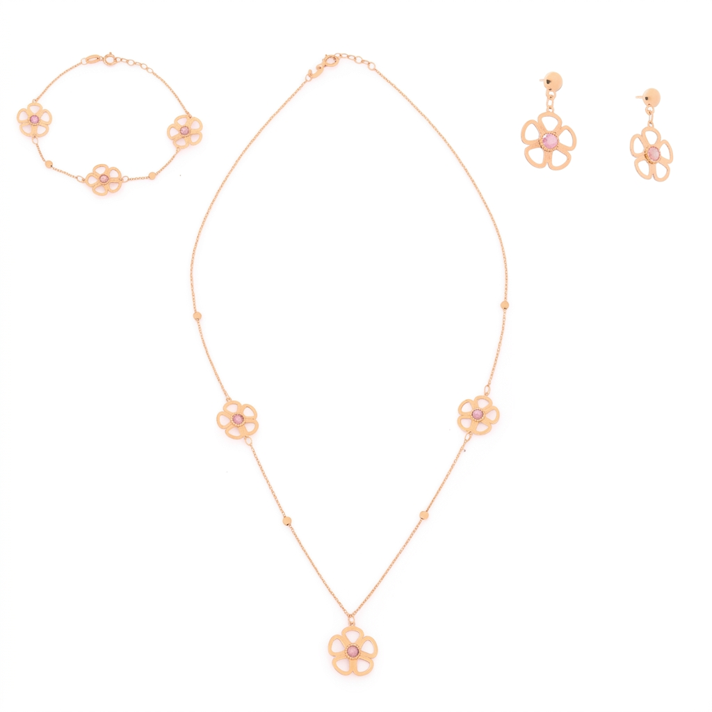 18K Gold Kids' Jewelry Set With Floral & Pink Stone