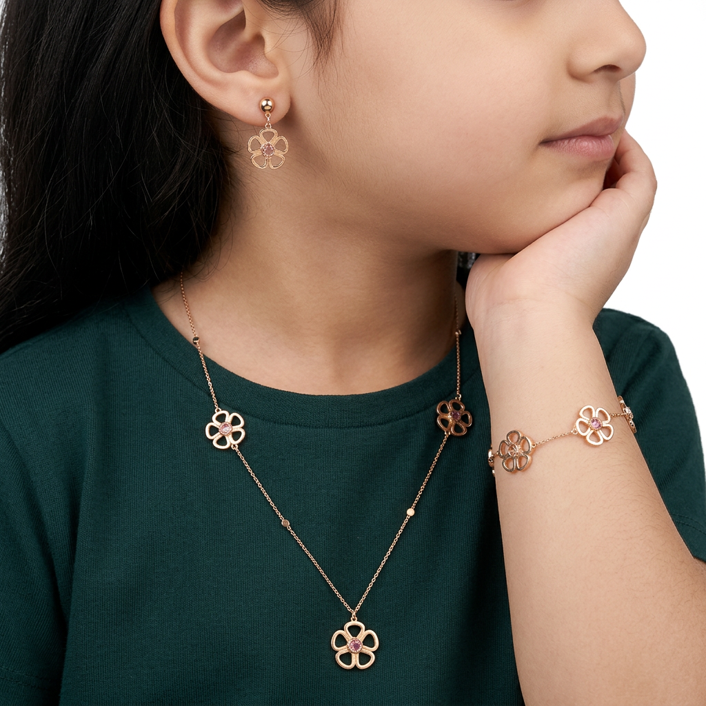 18K Gold Kids' Jewelry Set With Floral & Pink Stone