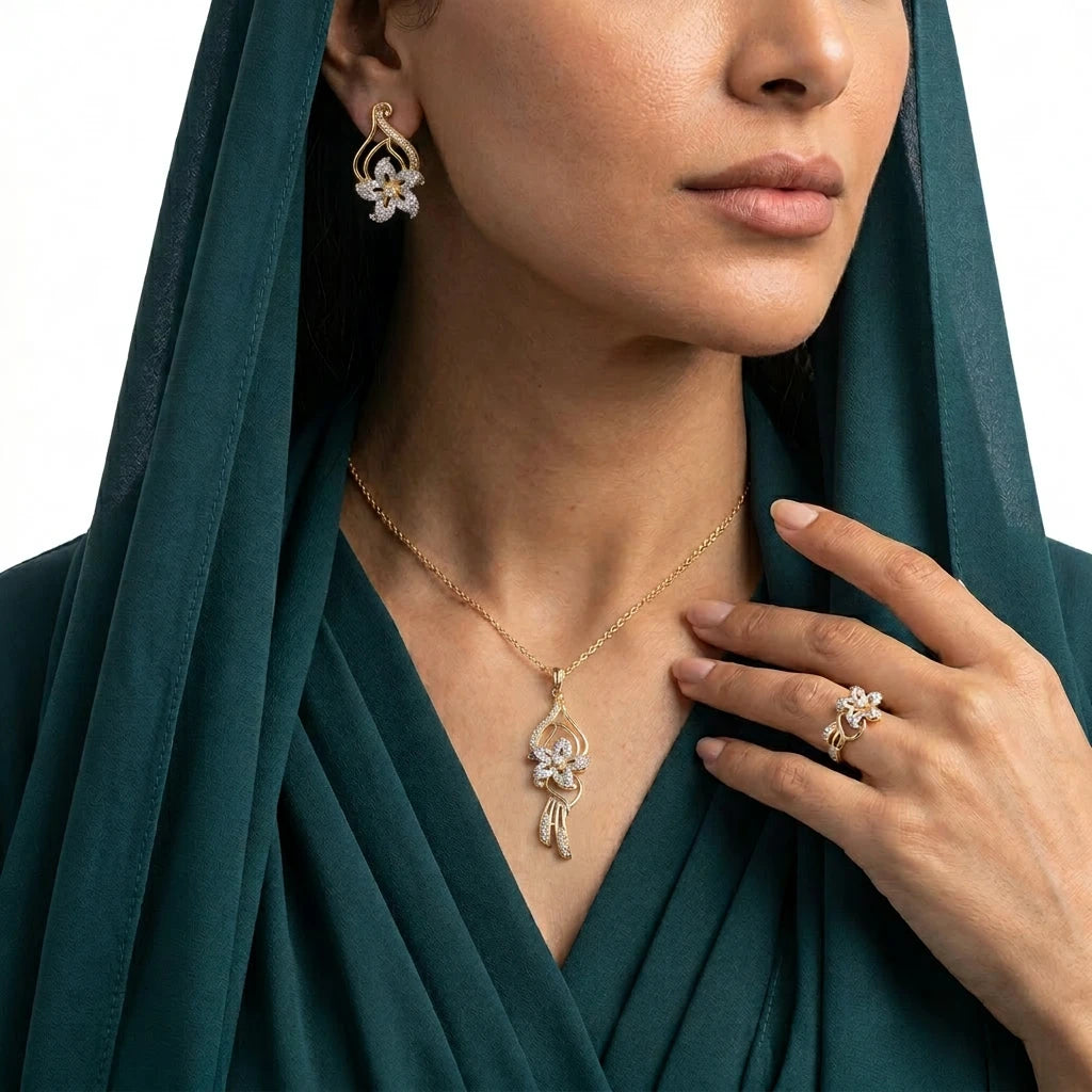 طقم نصف ذهب عيار 18 أيام الربيع مع زهرة متدلية